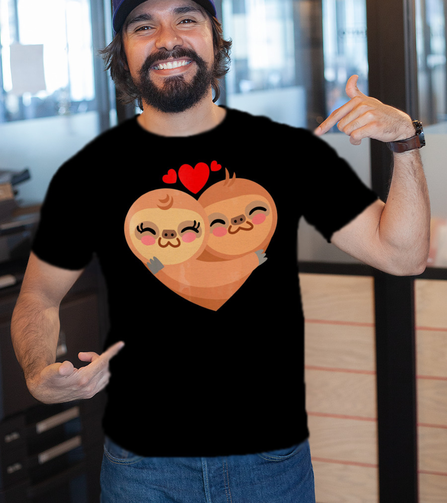 Cute Sloth Love Heart Valentines Pair With Red Hearts T-Shirt