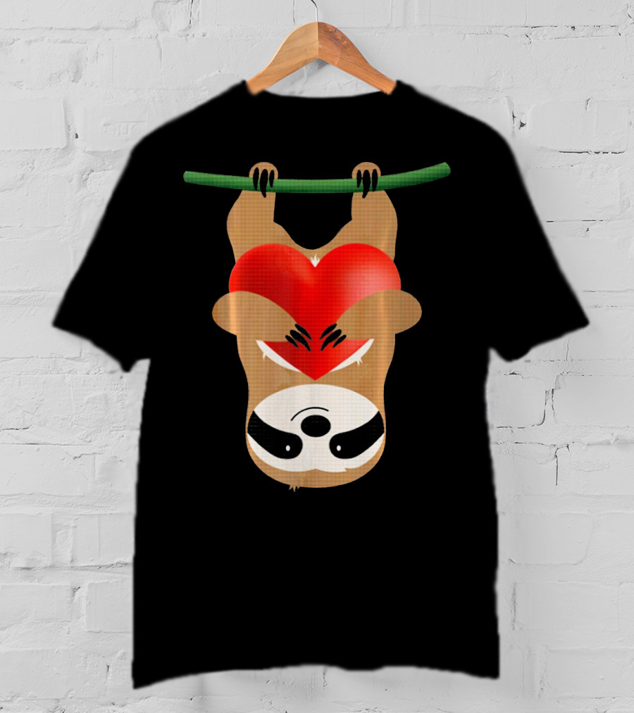Cute Upside Down Sloth Hugging Red Heart Valentines Love T-Shirt