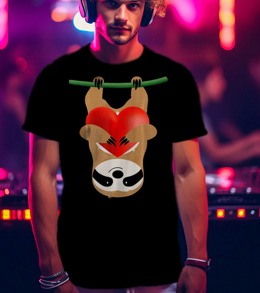 Cute Upside Down Sloth Hugging Red Heart Valentines Love T-Shirt