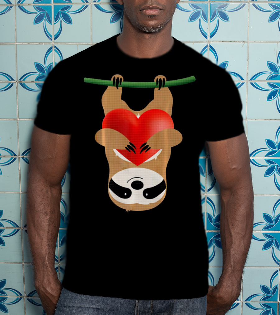 Cute Upside Down Sloth Hugging Red Heart Valentines Love T-Shirt