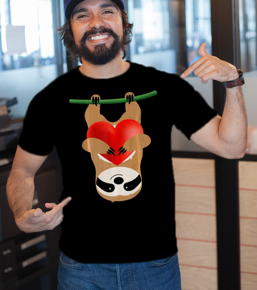 Cute Upside Down Sloth Hugging Red Heart Valentines Love T-Shirt