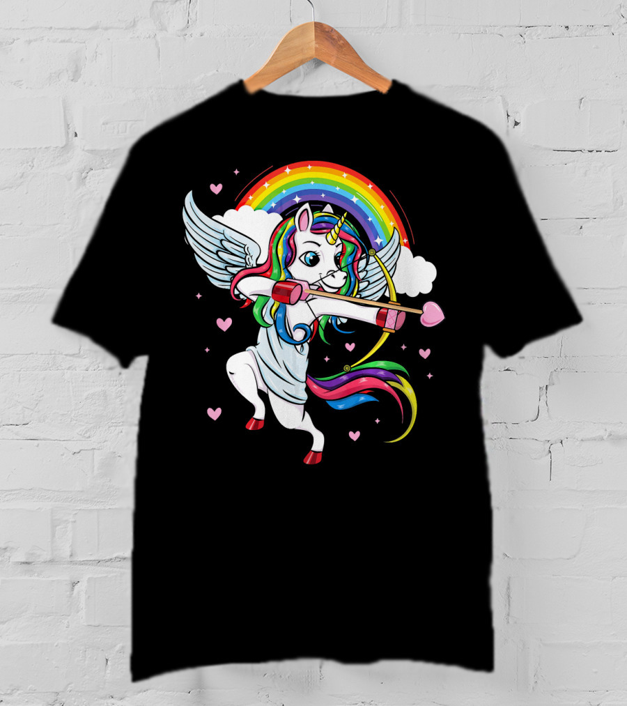 Cute Unicorn Cupid Rainbow Valentines Day Heart Girls T-Shirt