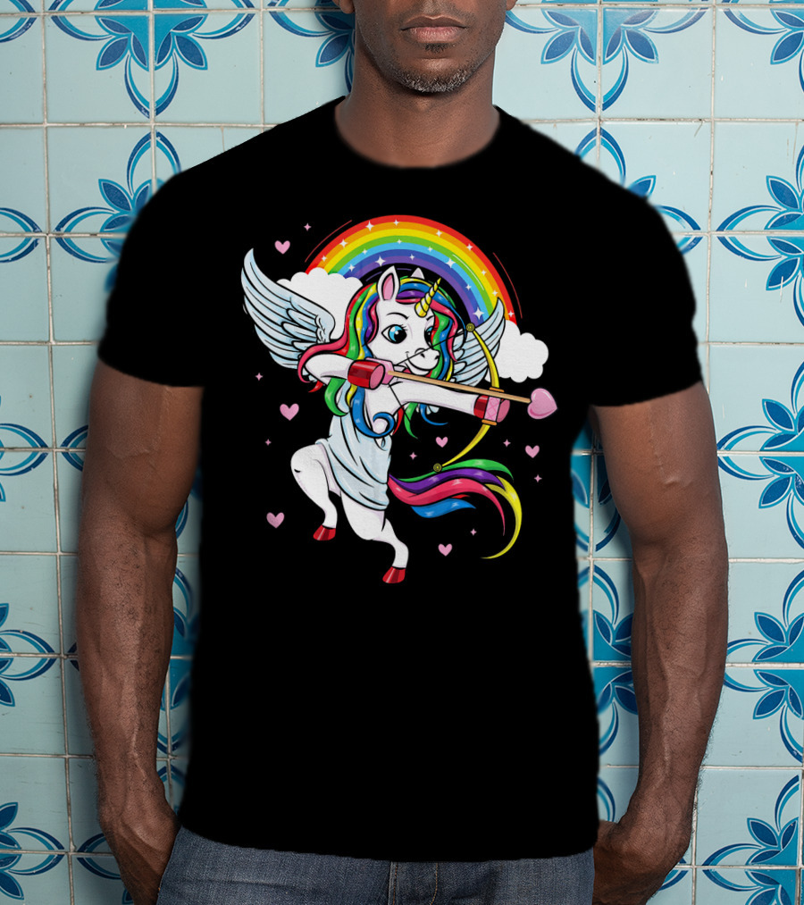 Cute Unicorn Cupid Rainbow Valentines Day Heart Girls T-Shirt