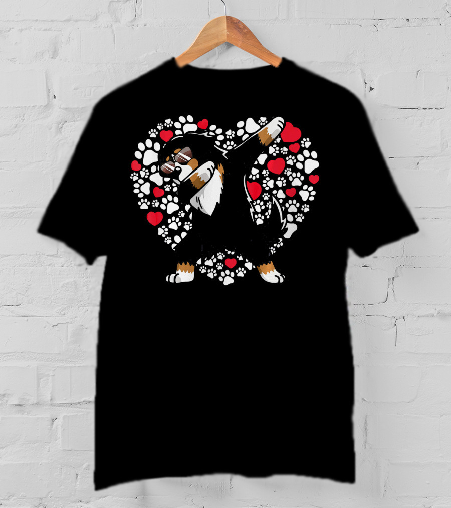 Bernese Mountain Dog Dabbing Heart Paw Prints Valentine T-Shirt
