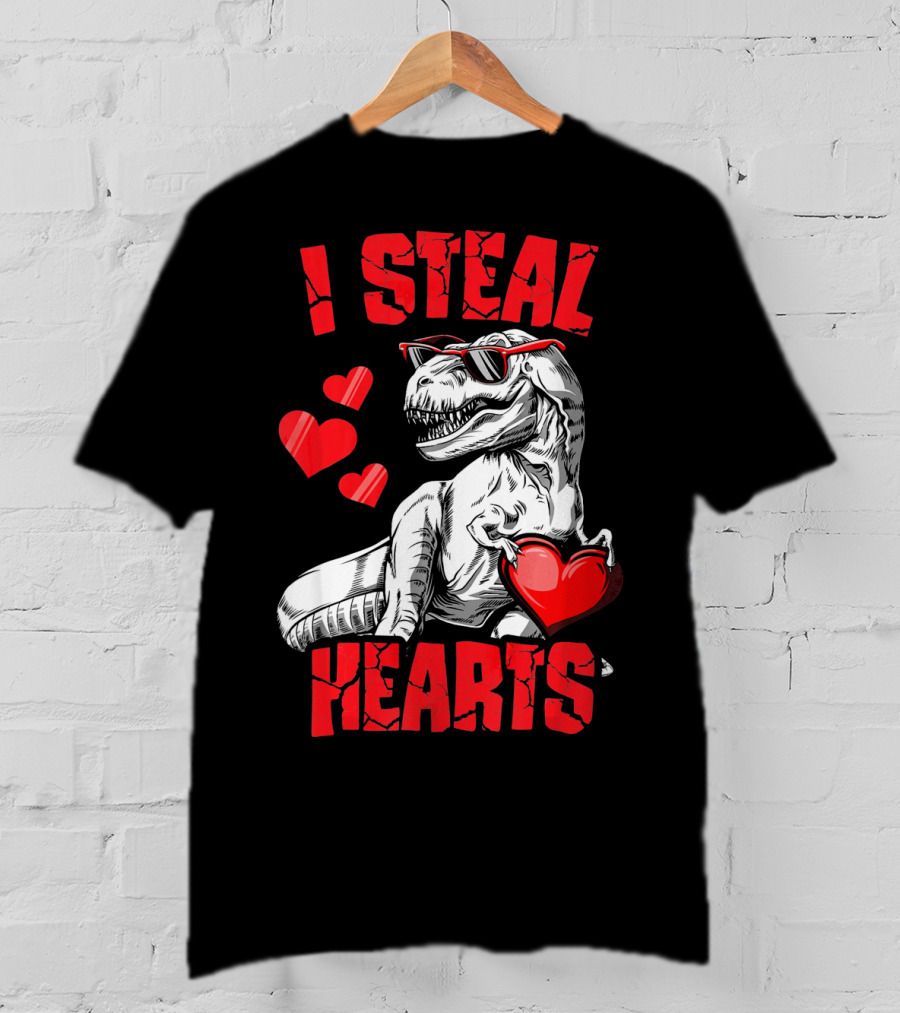 I Steal Hearts Boys Valentines Day Kids Dinosaur T-Shirt