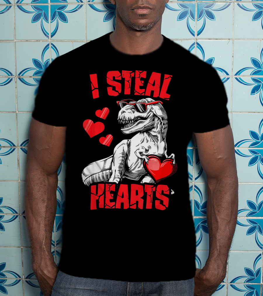 I Steal Hearts Boys Valentines Day Kids Dinosaur T-Shirt