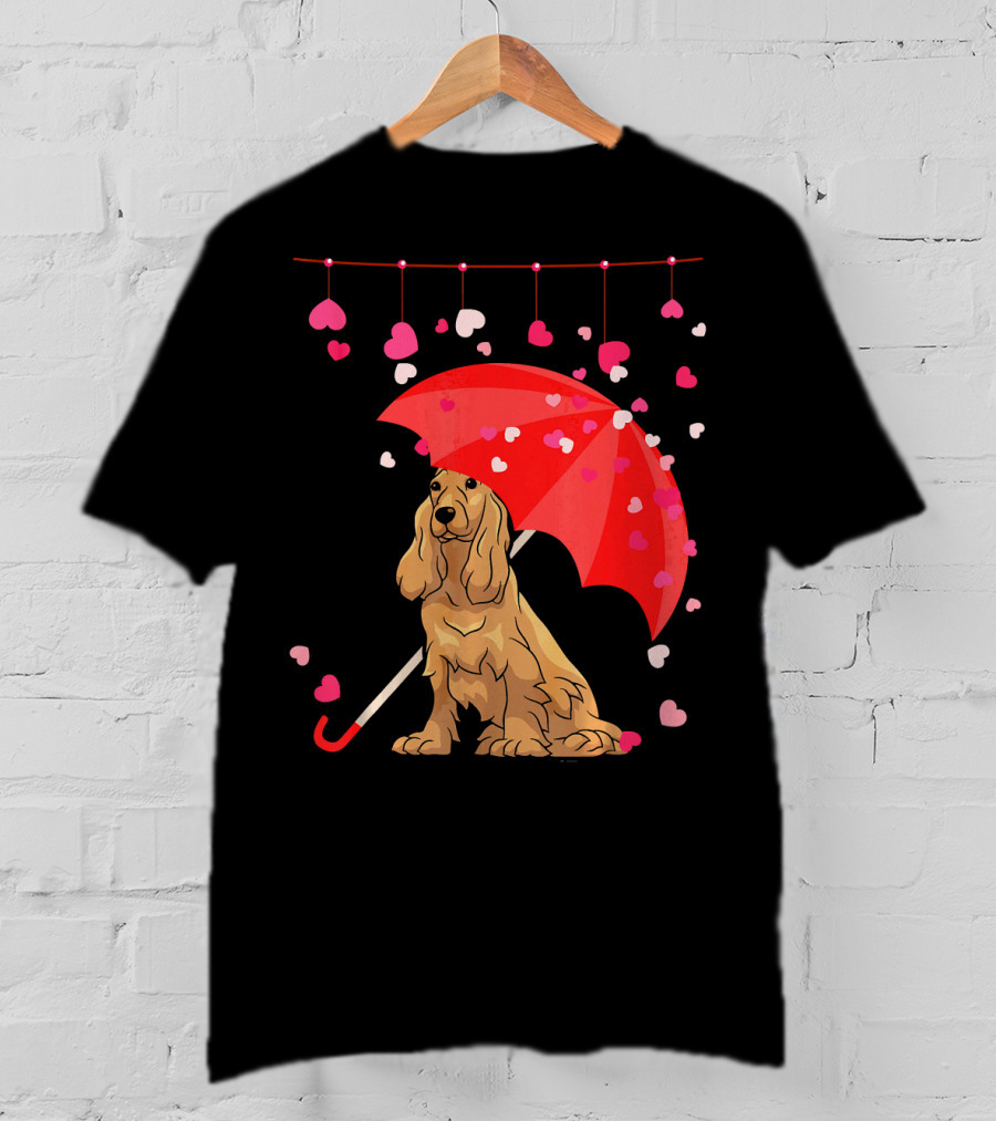 Cocker Spaniel Under Red Umbrella With Falling Hearts Valentines T-Shirt
