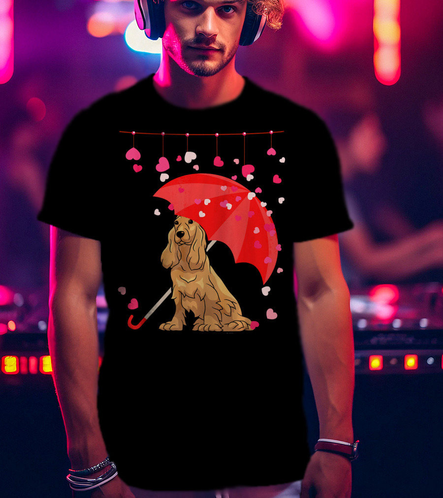 Cocker Spaniel Under Red Umbrella With Falling Hearts Valentines T-Shirt