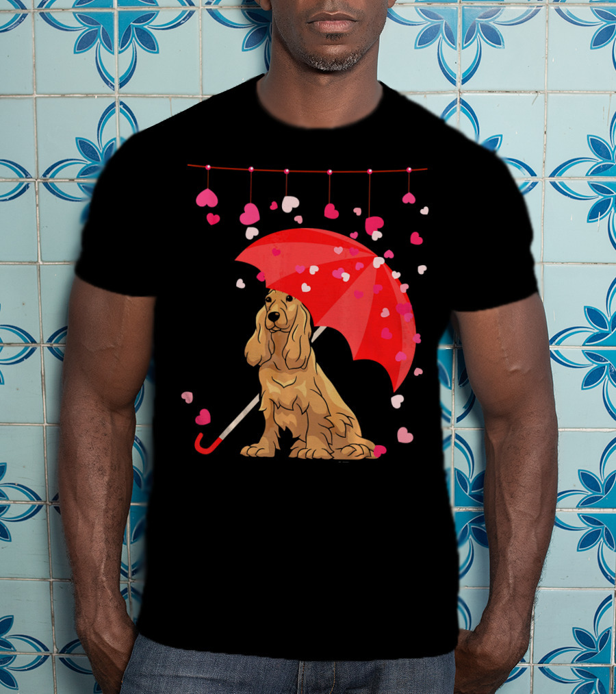 Cocker Spaniel Under Red Umbrella With Falling Hearts Valentines T-Shirt