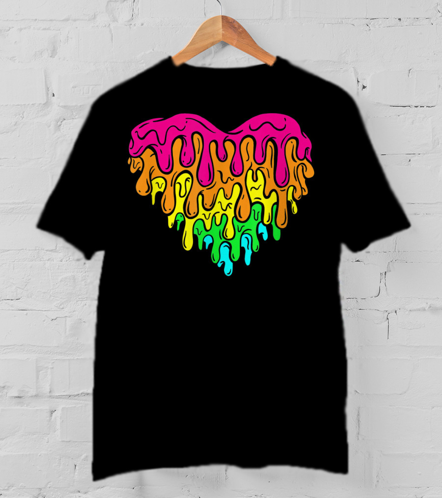 Cool Retro 80s Neon Dripping Rainbow Valentines Day Heart T-Shirt