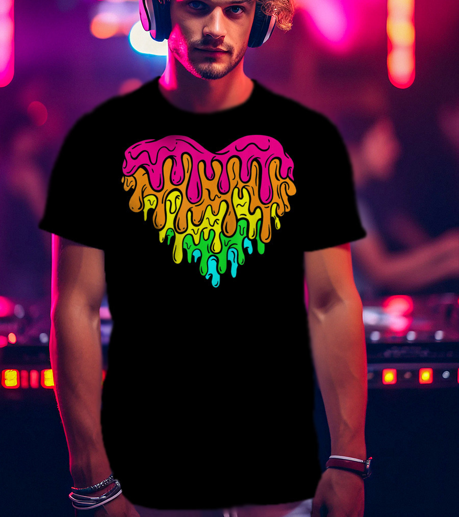 Cool Retro 80s Neon Dripping Rainbow Valentines Day Heart T-Shirt