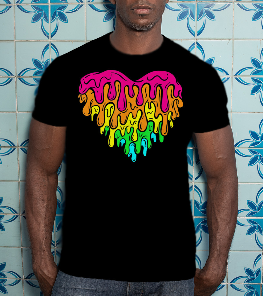 Cool Retro 80s Neon Dripping Rainbow Valentines Day Heart T-Shirt