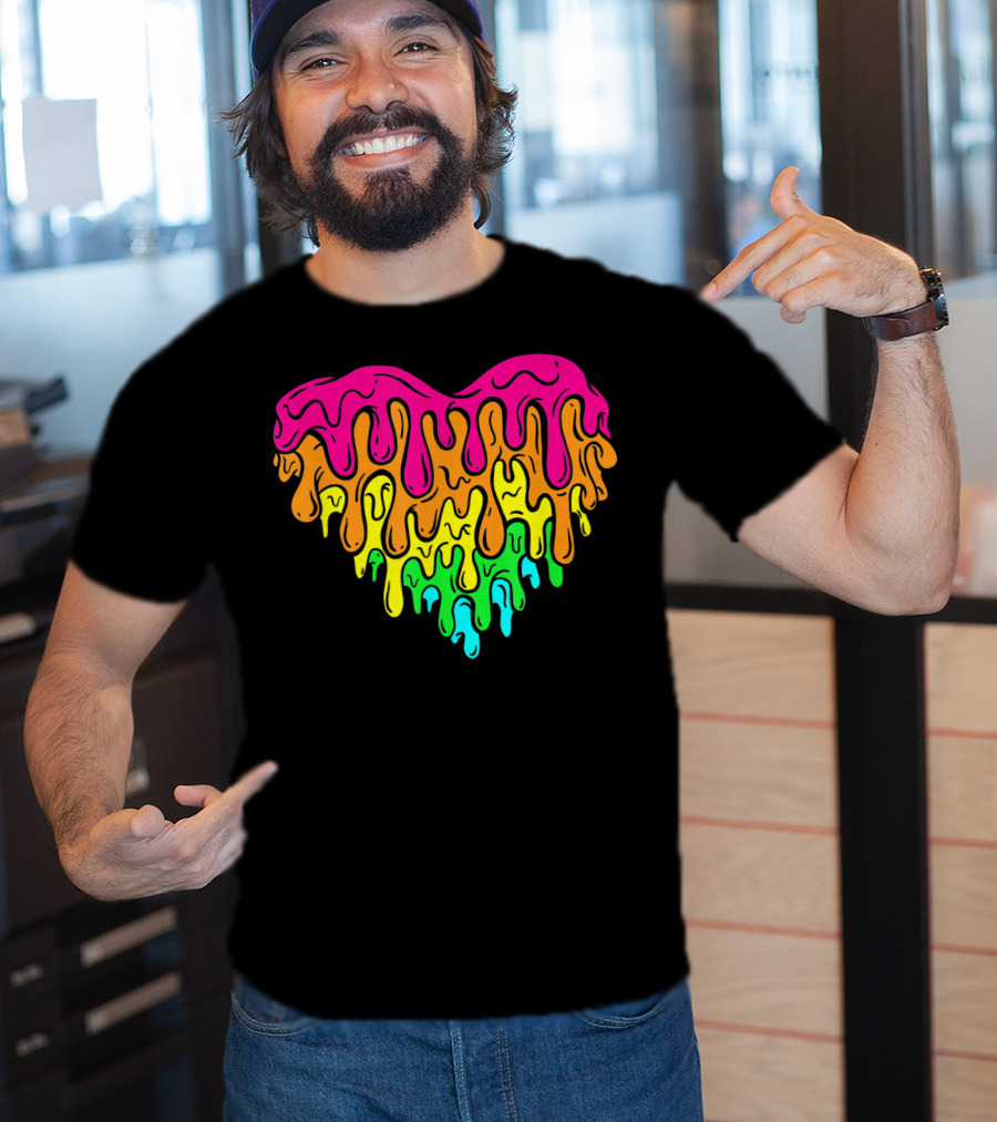 Cool Retro 80s Neon Dripping Rainbow Valentines Day Heart T-Shirt