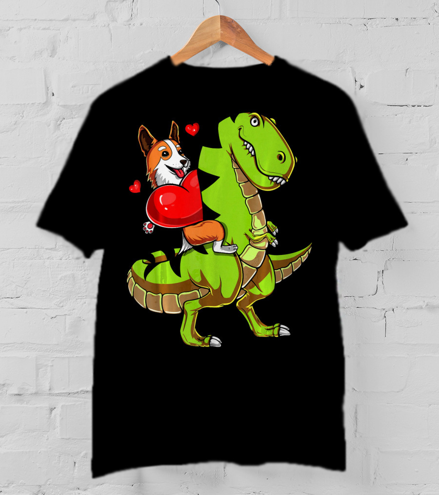 Corgi Dog Riding T-Rex Dinosaur With Hearts Valentin T-Shirt