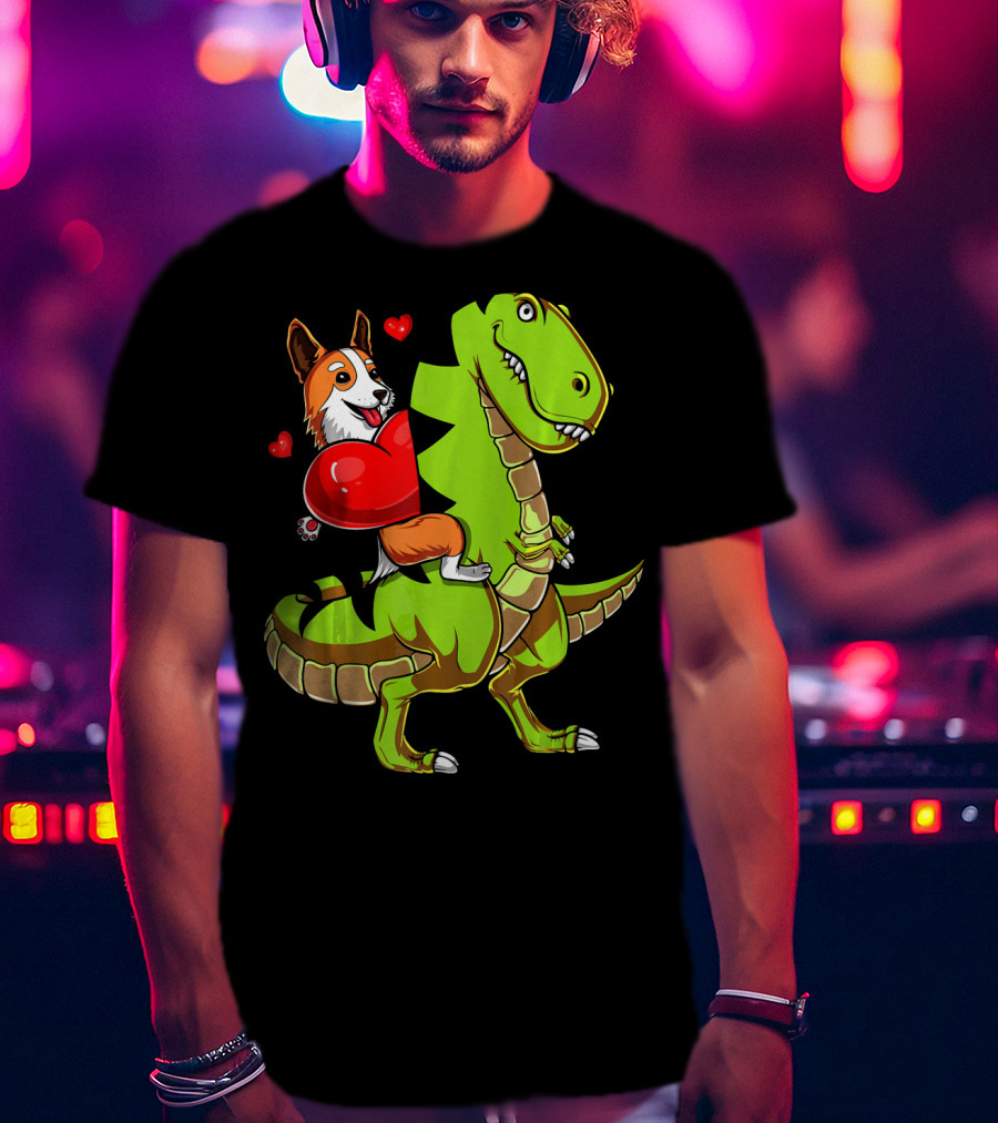 Corgi Dog Riding T-Rex Dinosaur With Hearts Valentin T-Shirt