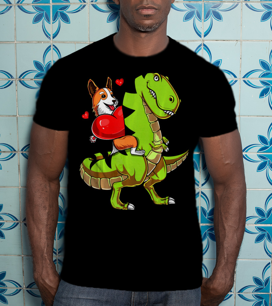 Corgi Dog Riding T-Rex Dinosaur With Hearts Valentin T-Shirt