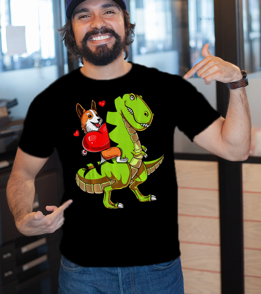 Corgi Dog Riding T-Rex Dinosaur With Hearts Valentin T-Shirt