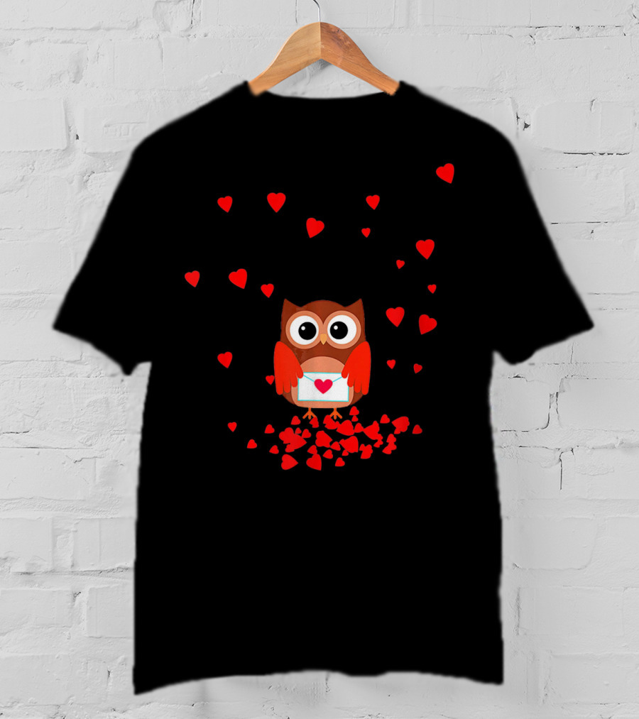 Valentine Owl Holding Love Letter Surrounded By Hearts T-Shirt