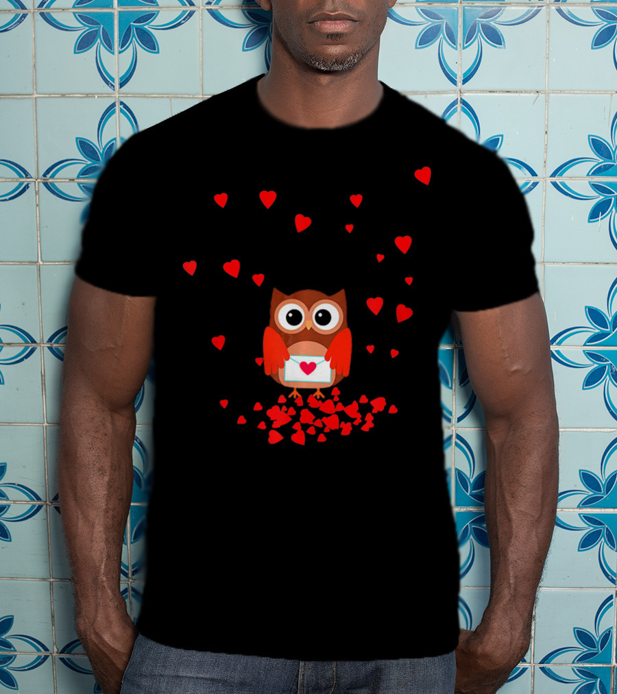 Valentine Owl Holding Love Letter Surrounded By Hearts T-Shirt