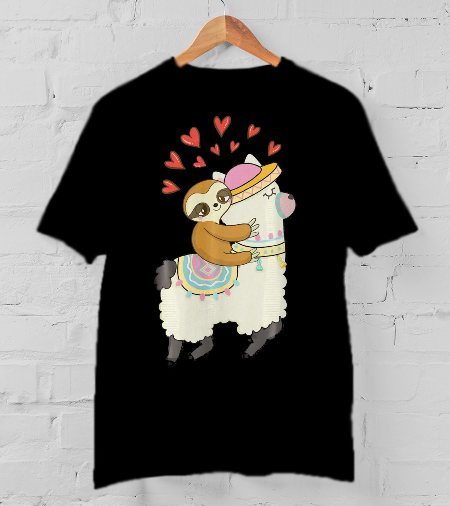 Cute Sloth Riding Llama Heart Va Love Llama Adventure T-Shirt