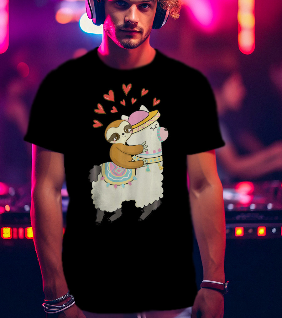 Cute Sloth Riding Llama Heart Va Love Llama Adventure T-Shirt