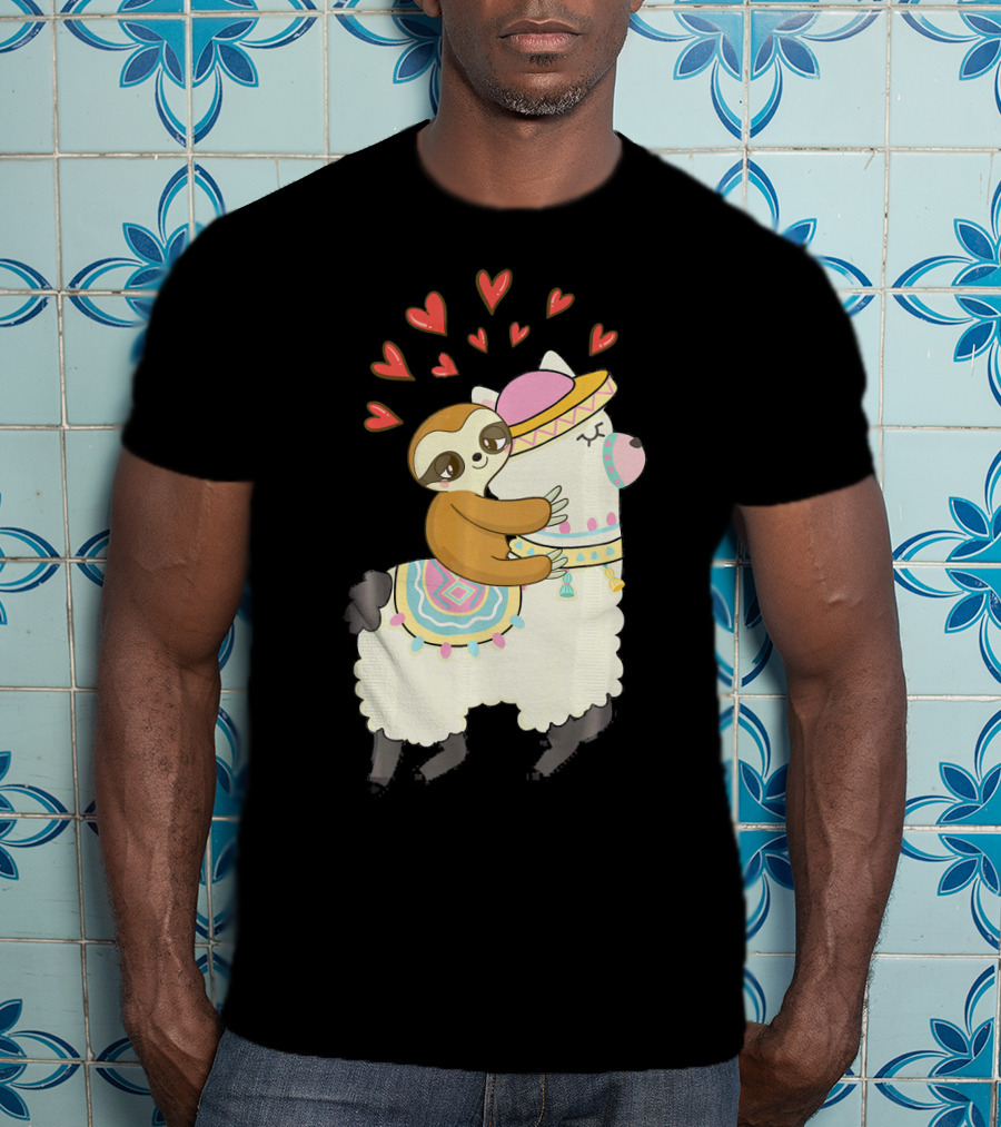 Cute Sloth Riding Llama Heart Va Love Llama Adventure T-Shirt
