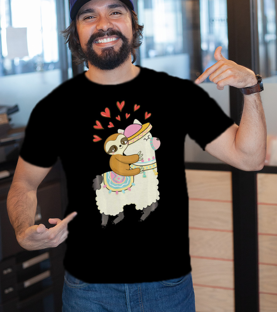 Cute Sloth Riding Llama Heart Va Love Llama Adventure T-Shirt