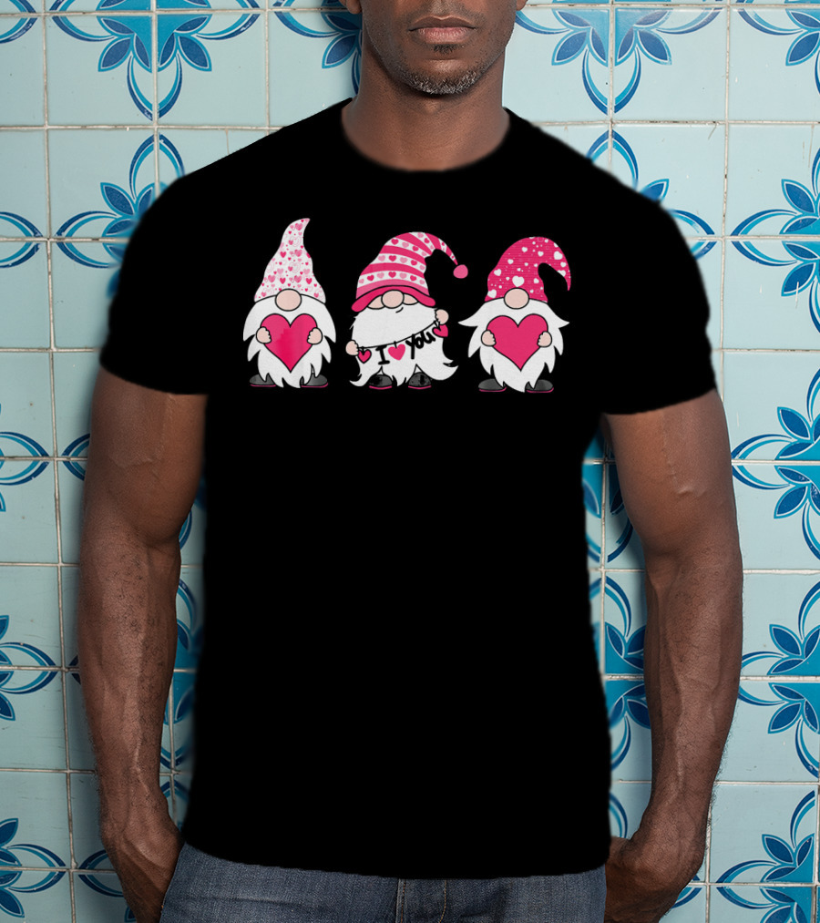 Cute Three Gnomes Holding I Love You Hearts T-Shirt