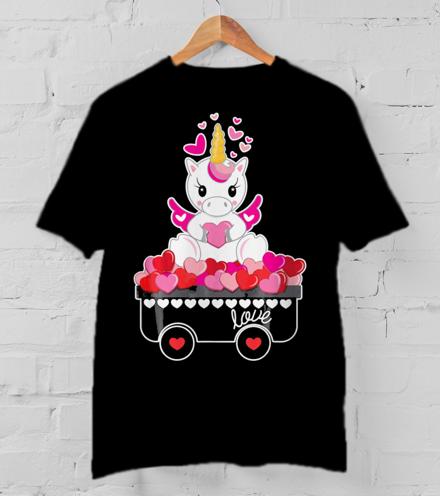 Valentines Day Unicorn Love Wagon With Hearts T-Shirt