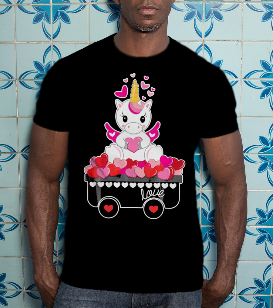 Valentines Day Unicorn Love Wagon With Hearts T-Shirt