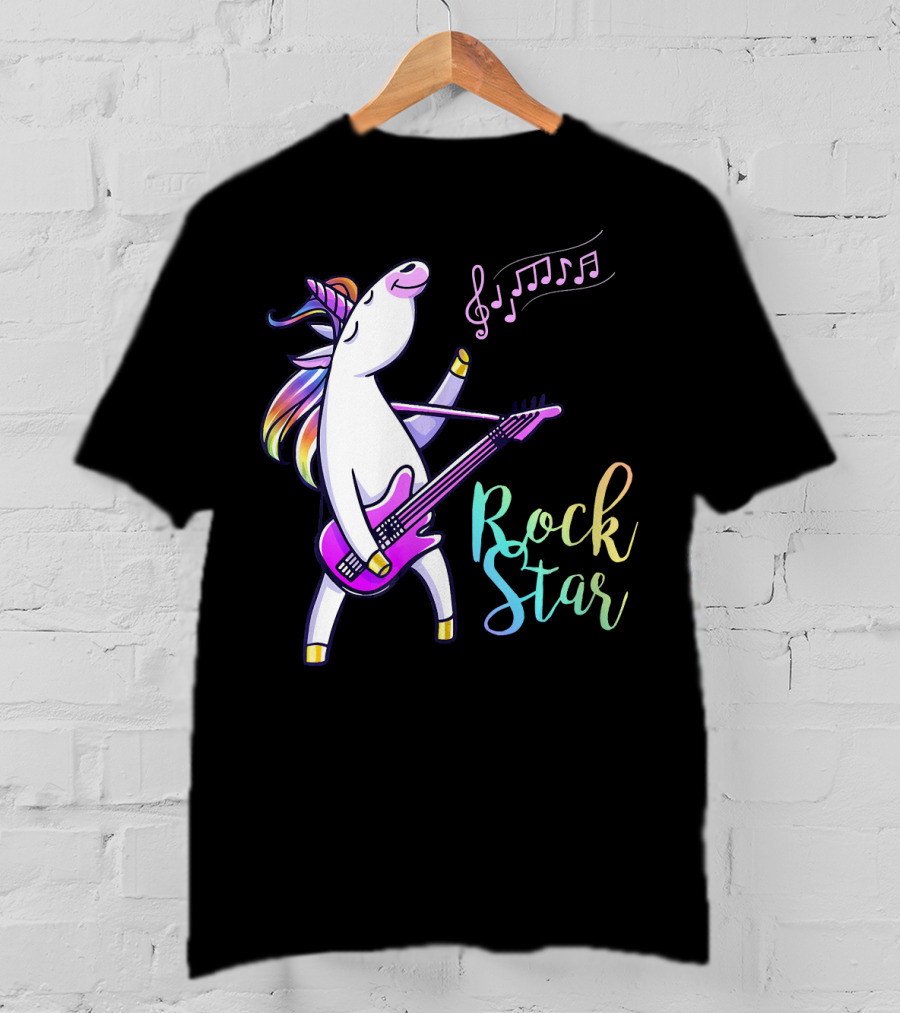Unicorn Rock Star With Guitar And Musical Notes T-Shirt