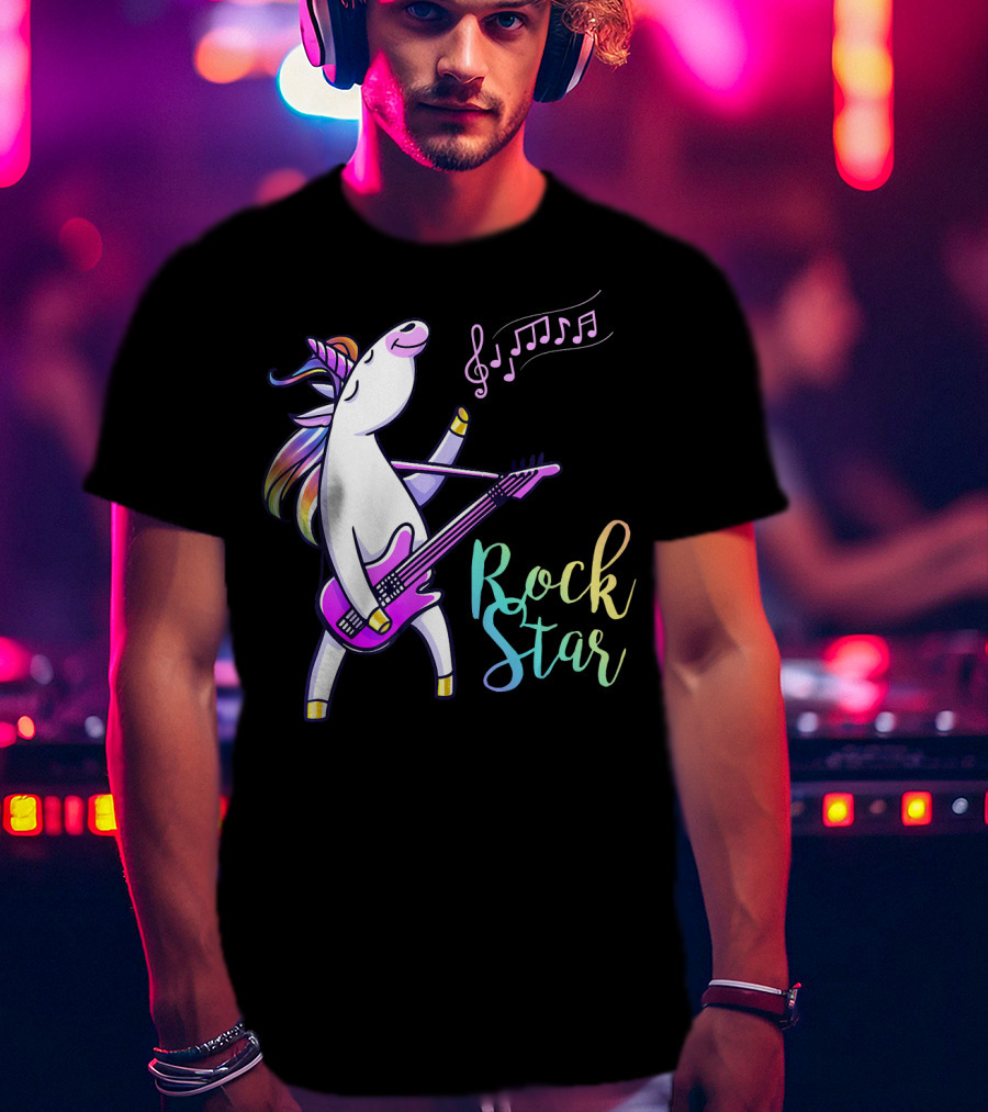 Unicorn Rock Star With Guitar And Musical Notes T-Shirt