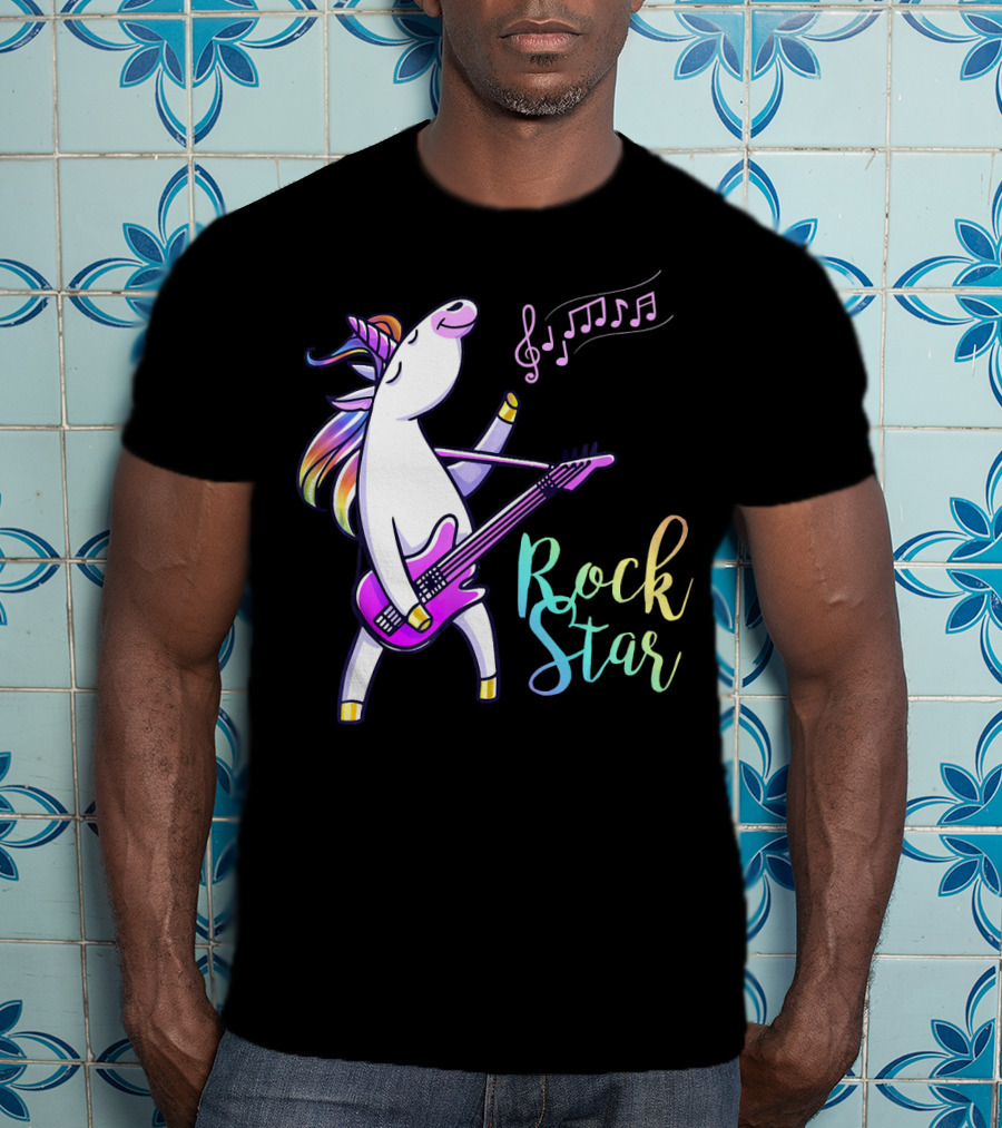 Unicorn Rock Star With Guitar And Musical Notes T-Shirt