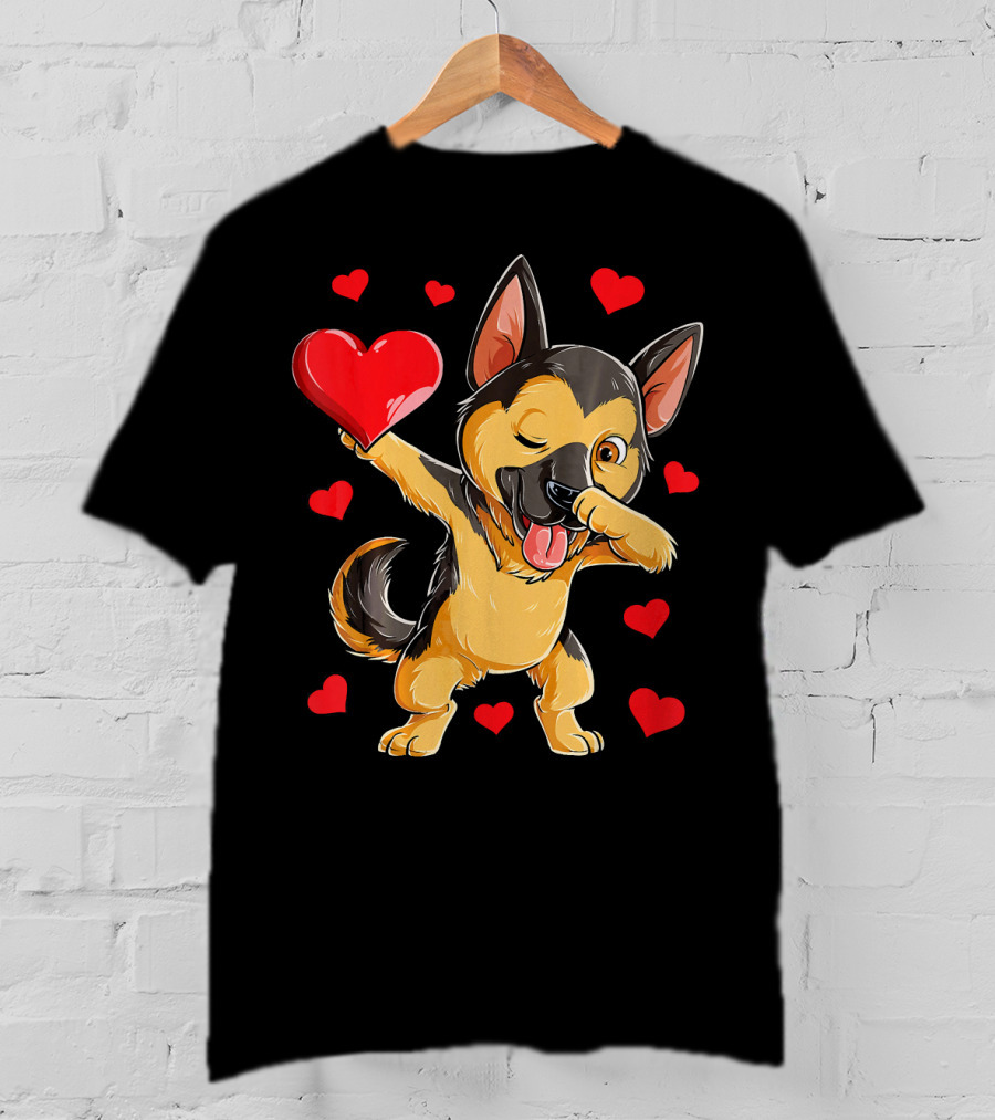 Dabbing German Shepherd Holding Heart Surrounded By Red Valentines Hearts T-Shirt