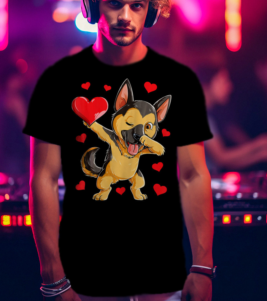 Dabbing German Shepherd Holding Heart Surrounded By Red Valentines Hearts T-Shirt