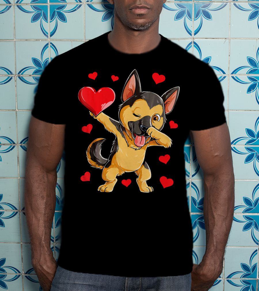Dabbing German Shepherd Holding Heart Surrounded By Red Valentines Hearts T-Shirt
