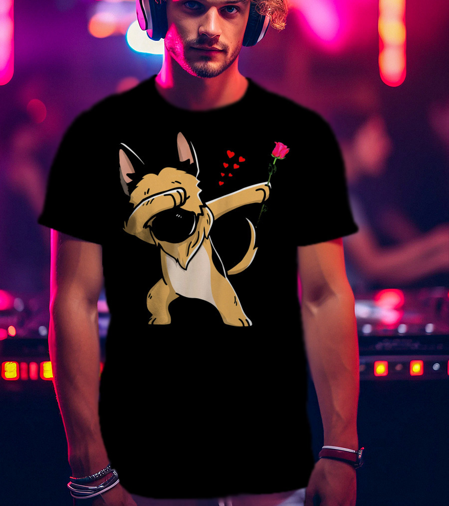 Dabbing German Shepherd With Rose And Hearts Valentines T-Shirt