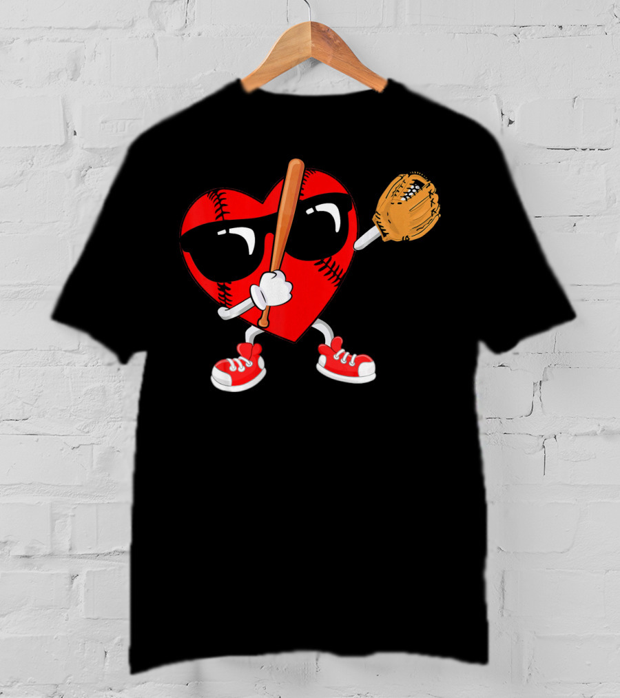 Dabbing Heart Baseball Love Valentines Sunglasses And Sneakers T-Shirt