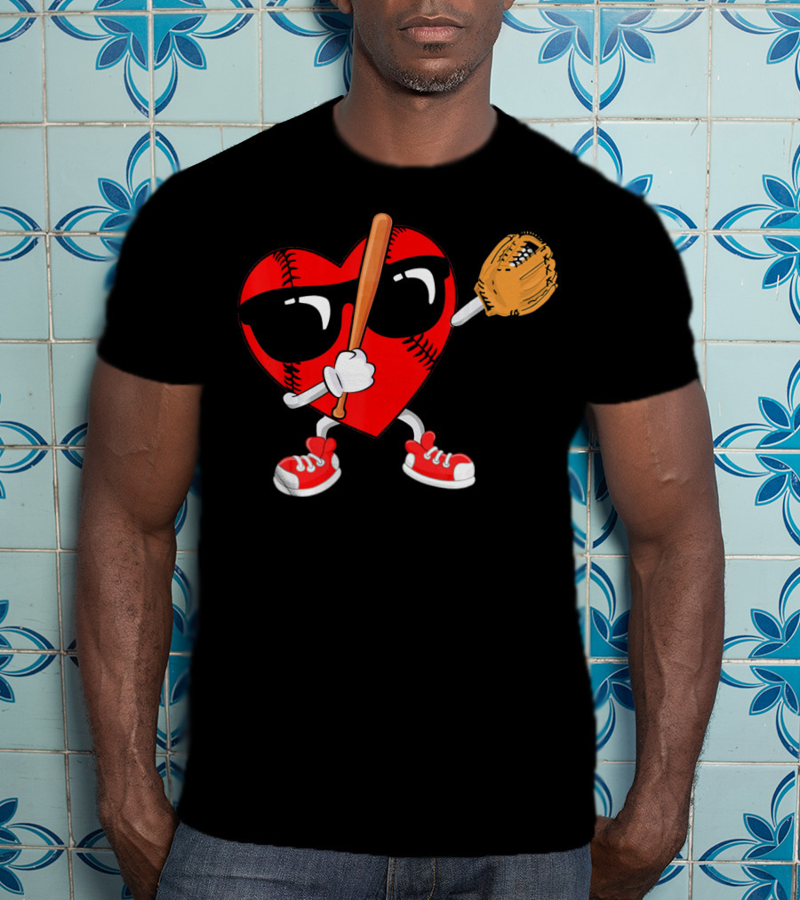 Dabbing Heart Baseball Love Valentines Sunglasses And Sneakers T-Shirt