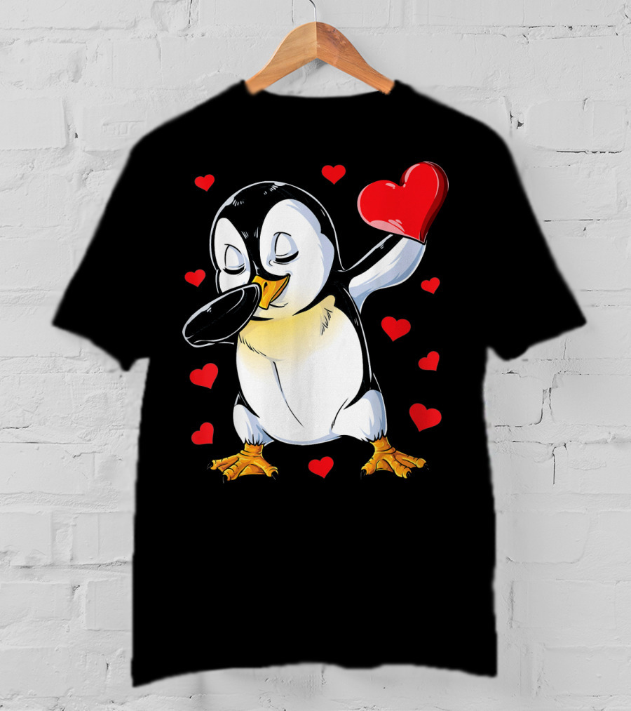 Valentines Dabbing Penguin With Heart Surrounded By Red Hearts T-Shirt