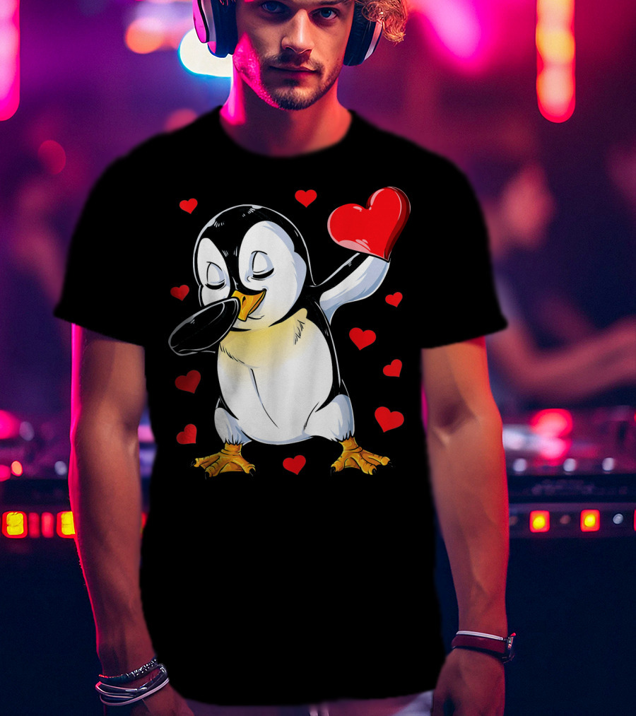 Valentines Dabbing Penguin With Heart Surrounded By Red Hearts T-Shirt