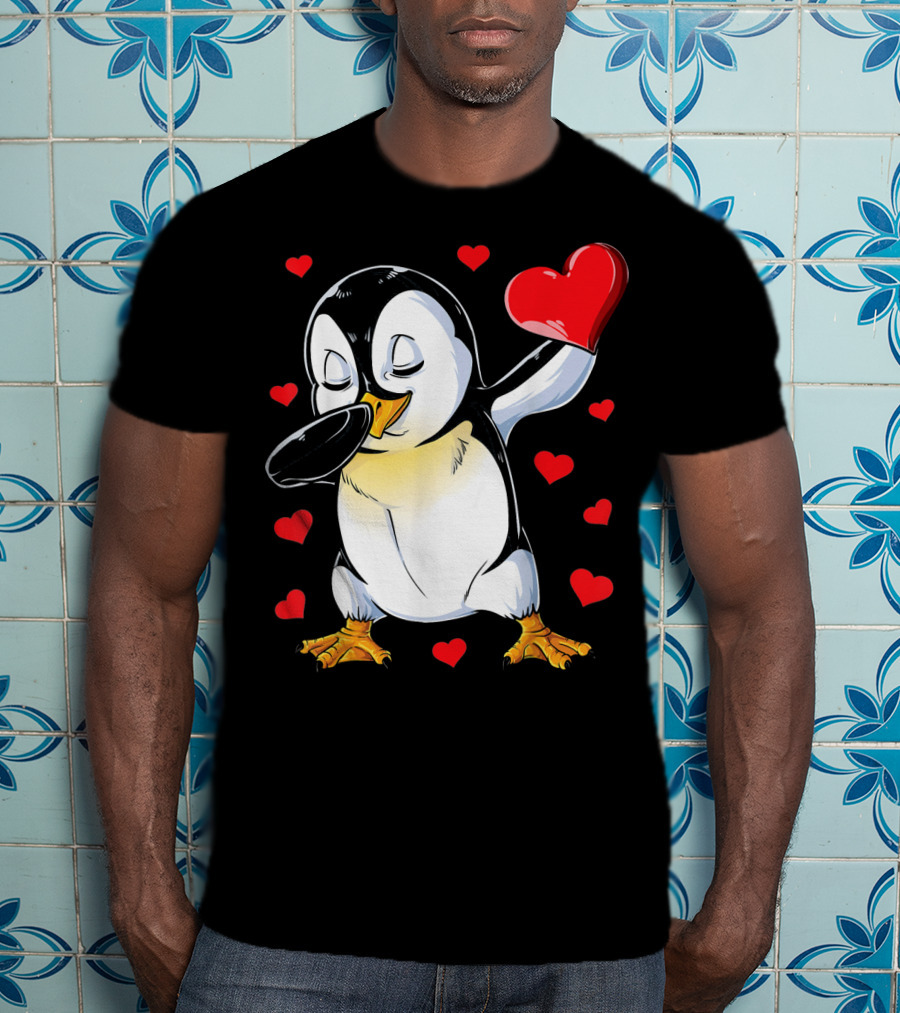 Valentines Dabbing Penguin With Heart Surrounded By Red Hearts T-Shirt