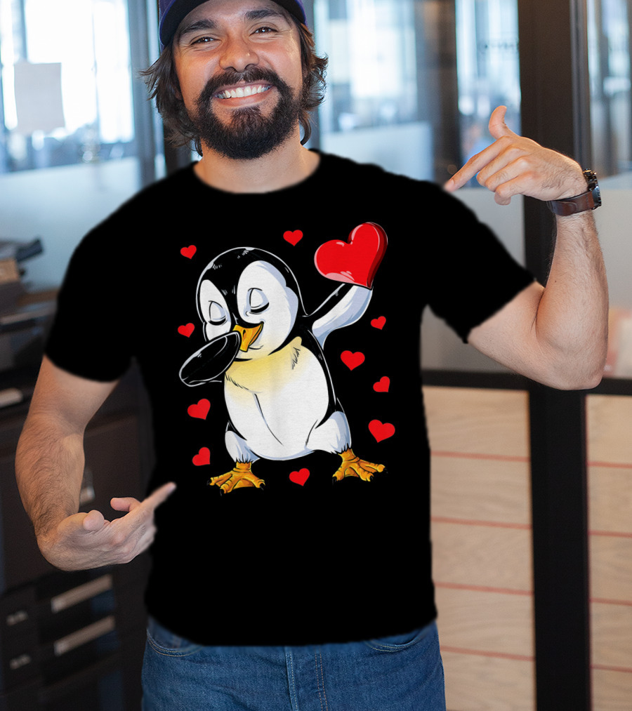 Valentines Dabbing Penguin With Heart Surrounded By Red Hearts T-Shirt