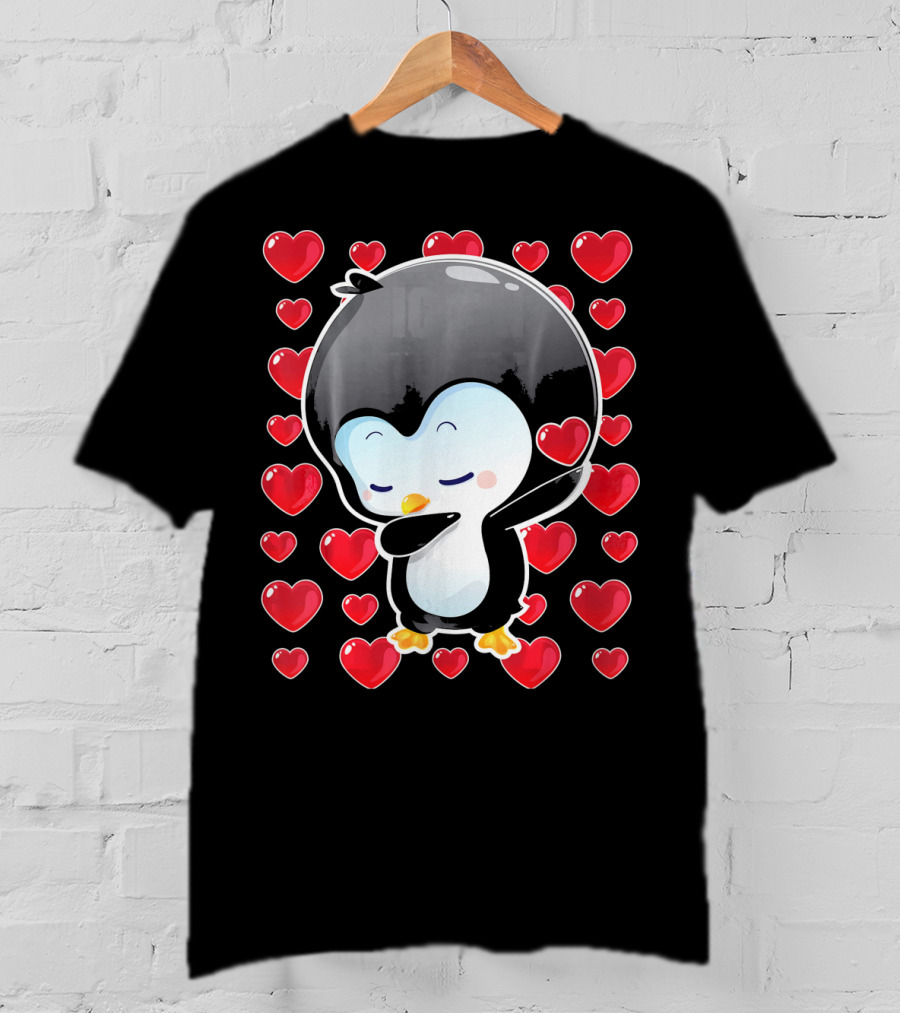 Valentines Day Penguin Dabbing Surrounded By Hearts T-Shirt