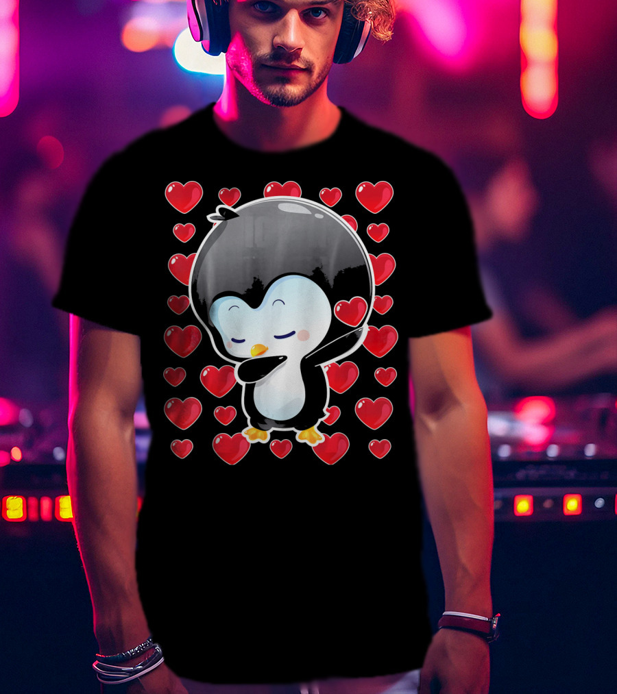 Valentines Day Penguin Dabbing Surrounded By Hearts T-Shirt