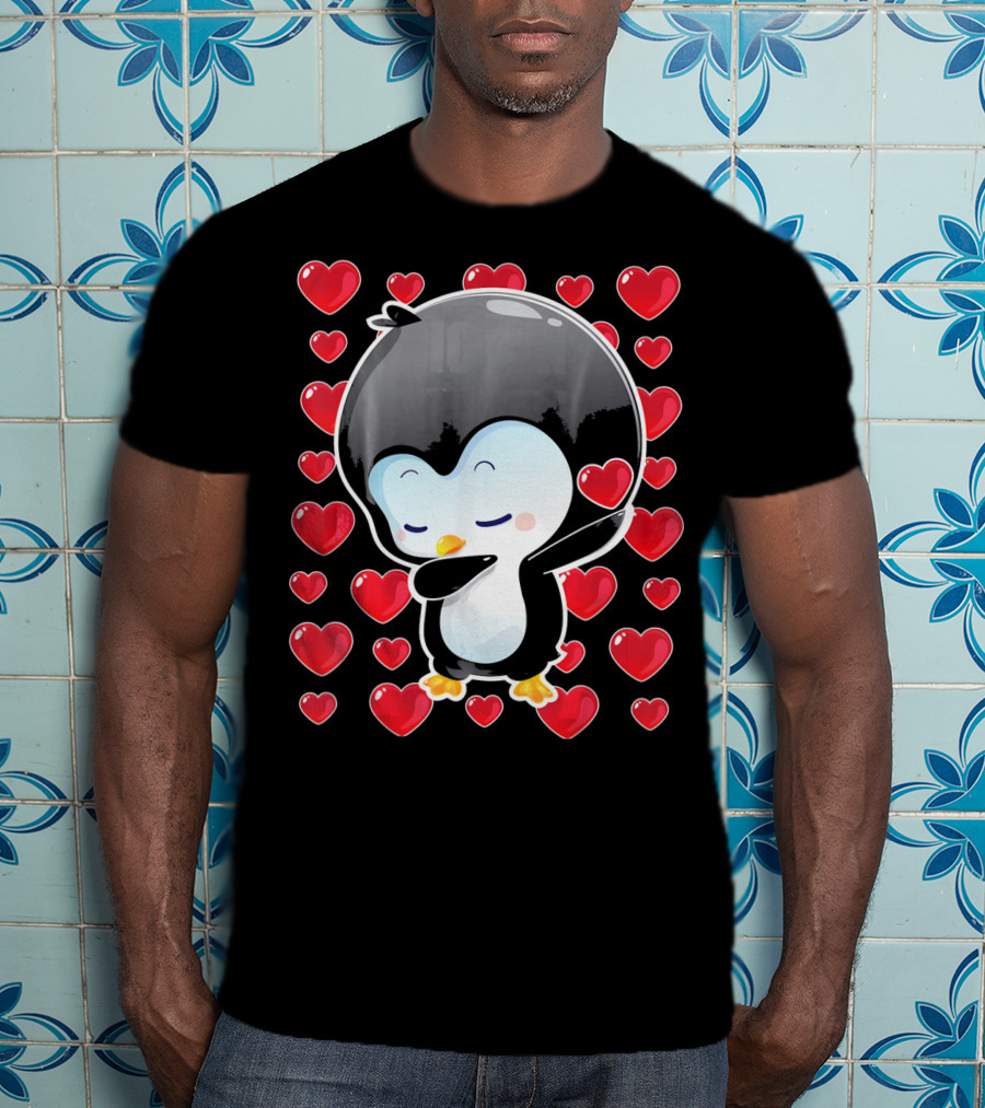Valentines Day Penguin Dabbing Surrounded By Hearts T-Shirt