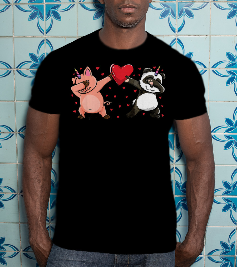 Dabbing Piggycorn Pandicorn Holding Heart Valentine T-Shirt