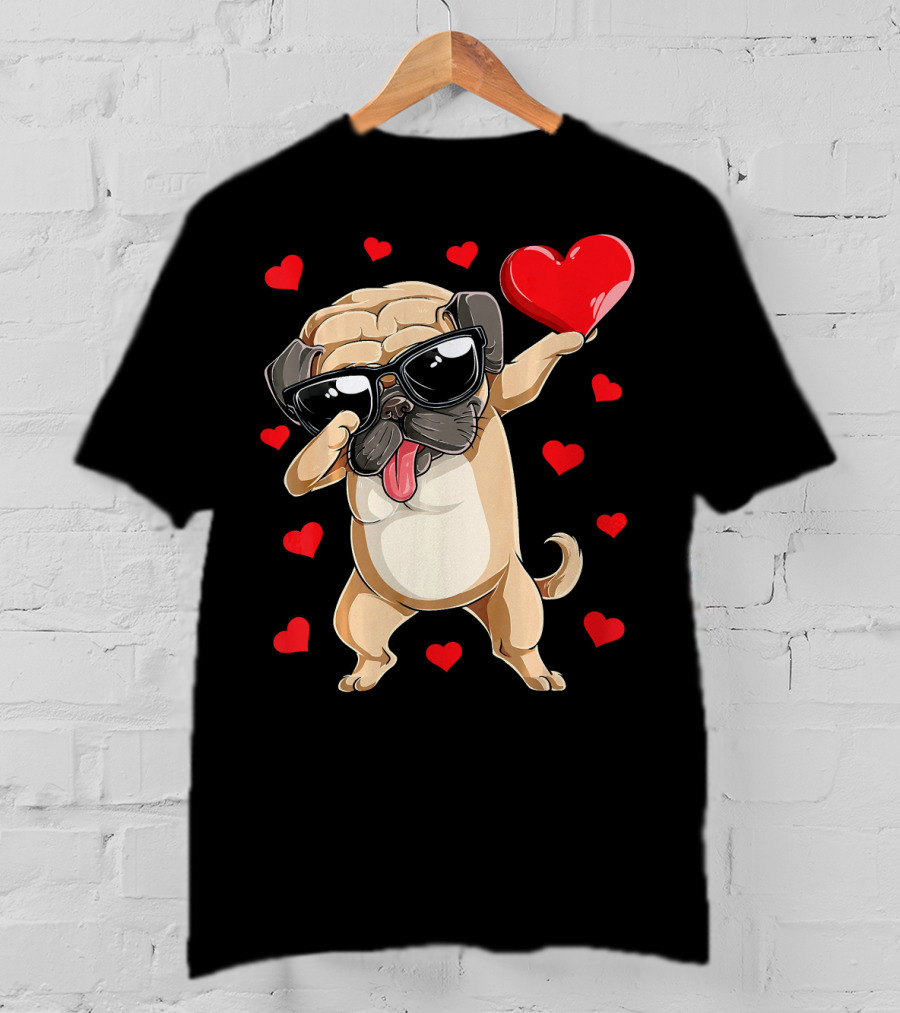 Dabbing Pug Holding Heart Surrounded By Red Hearts Valentines Day T-Shirt