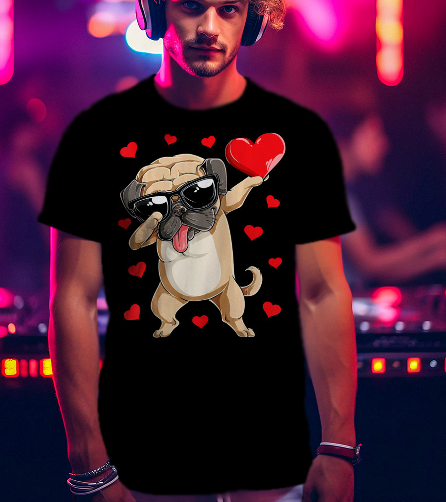 Dabbing Pug Holding Heart Surrounded By Red Hearts Valentines Day T-Shirt