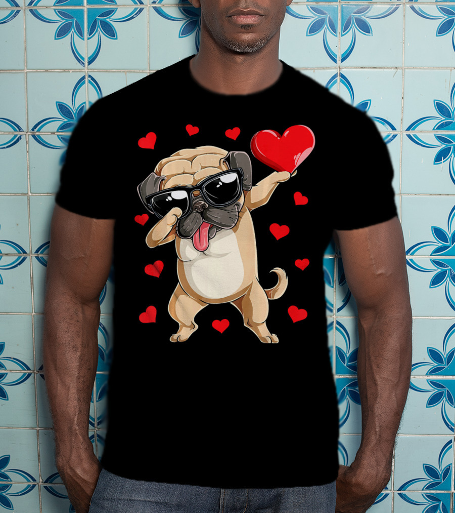 Dabbing Pug Holding Heart Surrounded By Red Hearts Valentines Day T-Shirt